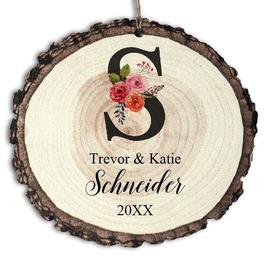 Floral Initial Faux Wood Ornament
